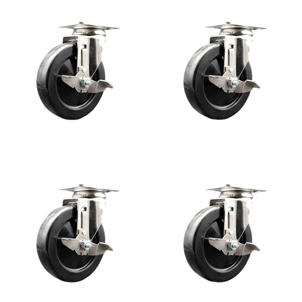 SCC-SS31620S514-HRS-TLB-4 Hard Rubber Swivel Top Plate Caster with 5 in. Black Caster Wheels - 316 Stainless Steel Casters - Set of 4