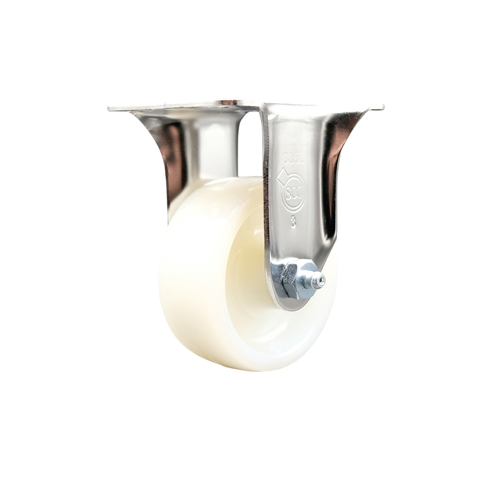 SCC-SS31620R314-NYS Nylon Rigid Top Plate Caster with 3 in. White Caster Wheel - 316 Stainless Steel Caster