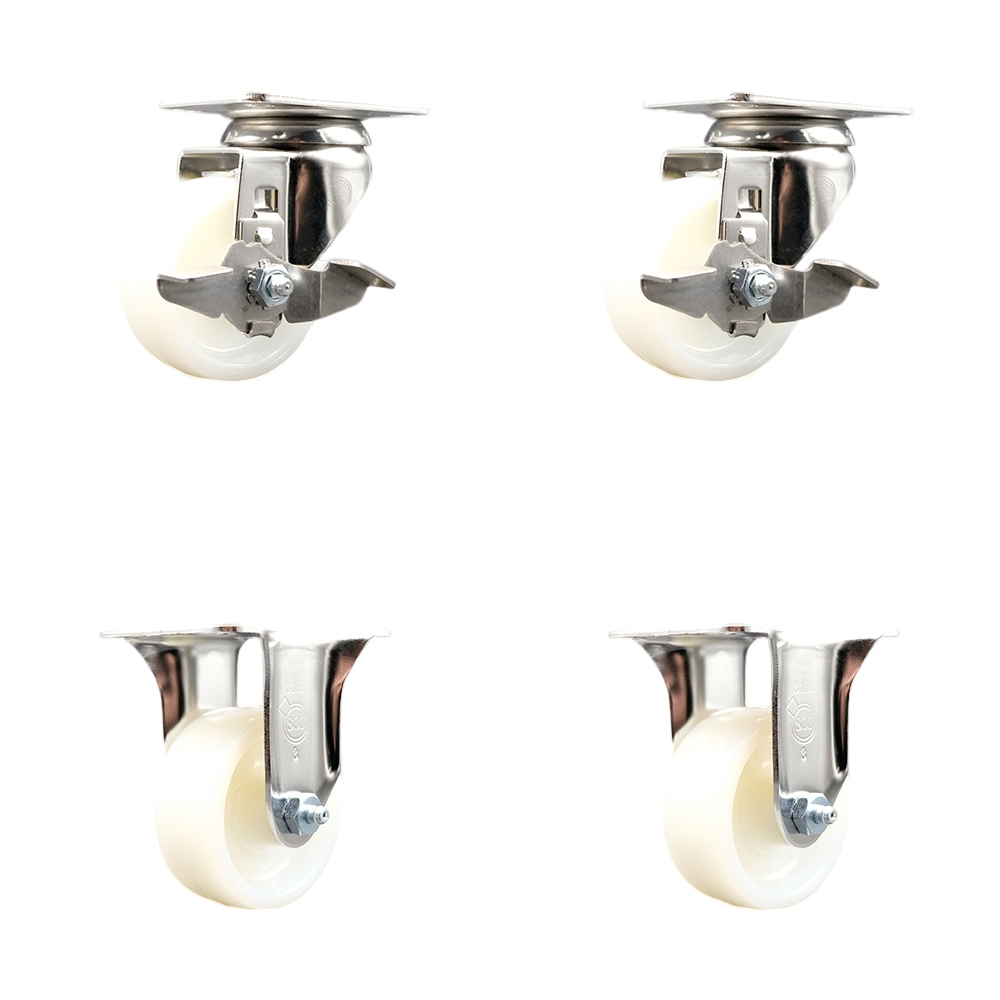 SCC-SS31620S314-NYS-TLB-2-R-2 Nylon Swivel Top Plate Caster with 3 in. White Caster Wheels - 316 Stainless Steel Casters - Set of 4