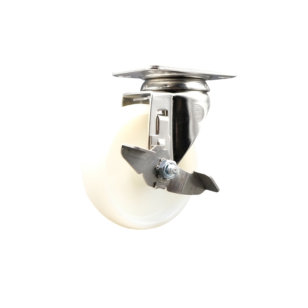 SCC-SS31620S414-NYS-TLB Nylon Swivel Top Plate Caster with 4 in. White Caster Wheel & Top Lock Brake - 316 Stainless Steel Caster