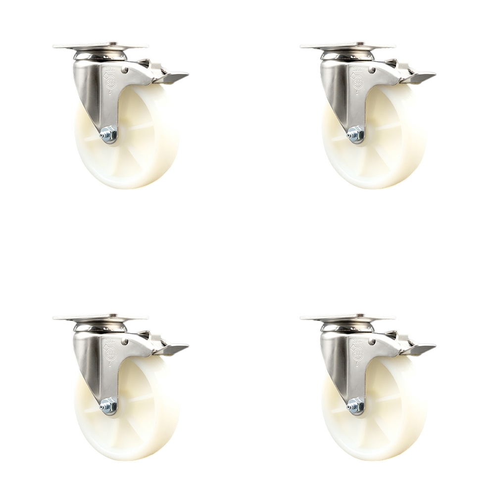 SCC-SS316TTL20S514-NYS-4 Nylon Swivel Top Plate Caster with 5 in. White Caster Wheels - 316 Stainless Steel Casters - Set of 4