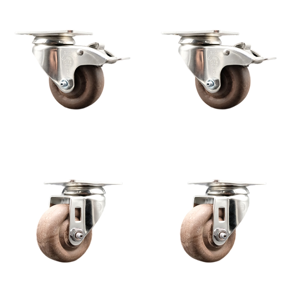 High Temperature Glass Filled Nylon Swivel Top Plate Caster with 3 in. Brown Caster Wheels - 316 Stainless Steel Casters - Set of 4