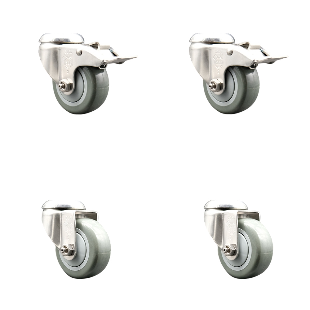 SCC-SS316BHTTL20S314-PPUB-2-S-2 Polyurethane Swivel Bolt Hole Caster with 3 in. Gray Caster Wheels 316 Stainless Steel Casters - Set of 4