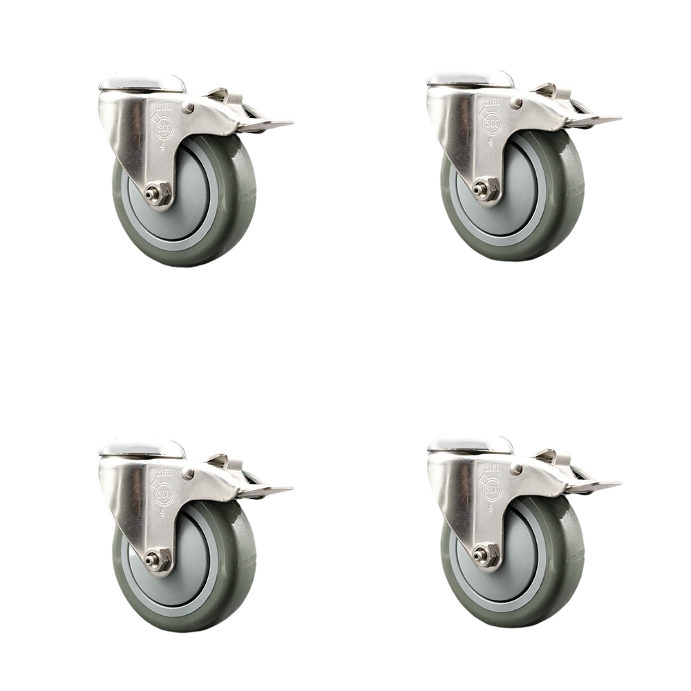 SCC-SS316BHTTL20S414-PPUB-4 Polyurethane Swivel Bolt Hole Caster with 4 in. Gray Caster Wheels 316 Stainless Steel Caster - Set of 4