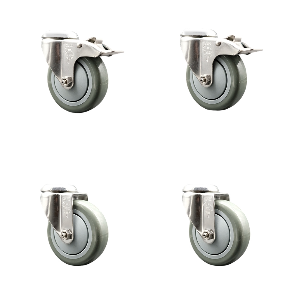 SCC-SS316BHTTL20S414-PPUB-2-S-2 Polyurethane Swivel Bolt Hole Caster with 4 in. Gray Caster Wheels 316 Stainless Steel Casters - Set of 4