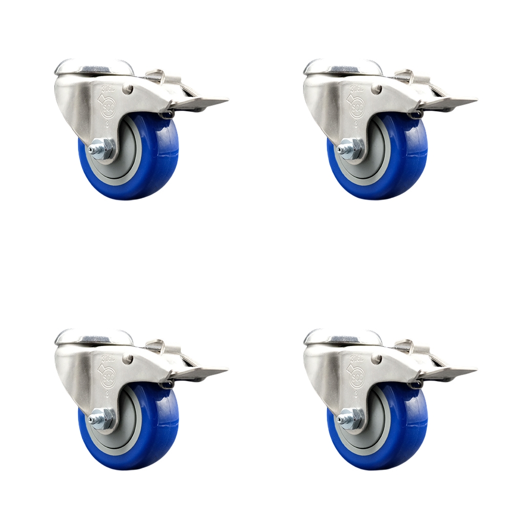 SCC-SS316BHTTL20S3514-PPUB-BLUE-4 Polyurethane Swivel Bolt Hole Caster with 3.5 in. Blue Caster Wheels - 316 Stainless Steel Caster - Set of 4