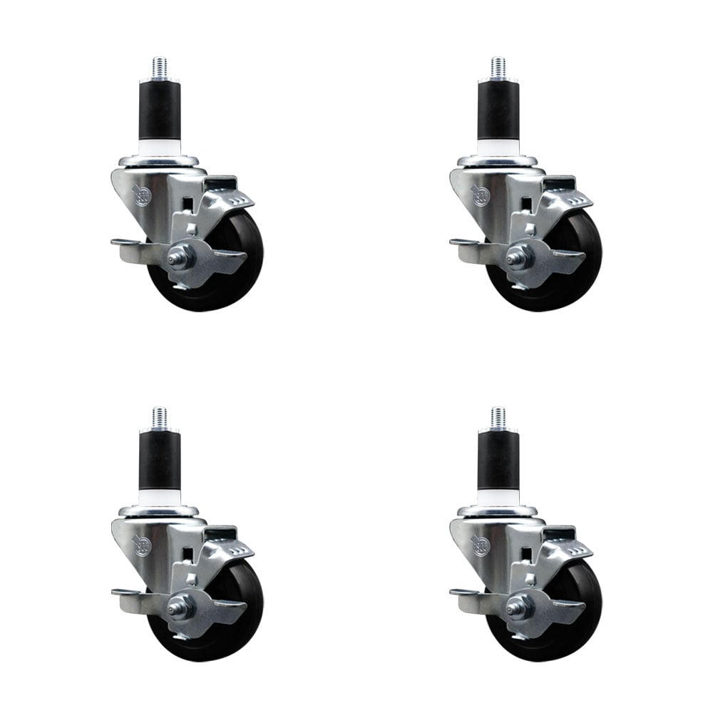 SCC-SSEX20S314-HRS-TLB-112-4 Stainless Steel Hard Rubber Swivel Expanding Stem Caster with 3 x 1.25 in. Black Wheels & 1.5 in. Stems - Set of 4