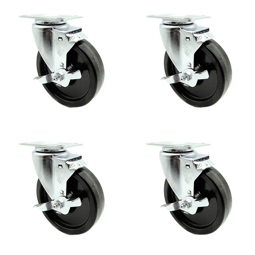 SCC-20S514-PHR-TLB-4 Phenolic Swivel Top Plate Caster with Roller Bearings, 5 in. Black Wheels - Set of 4