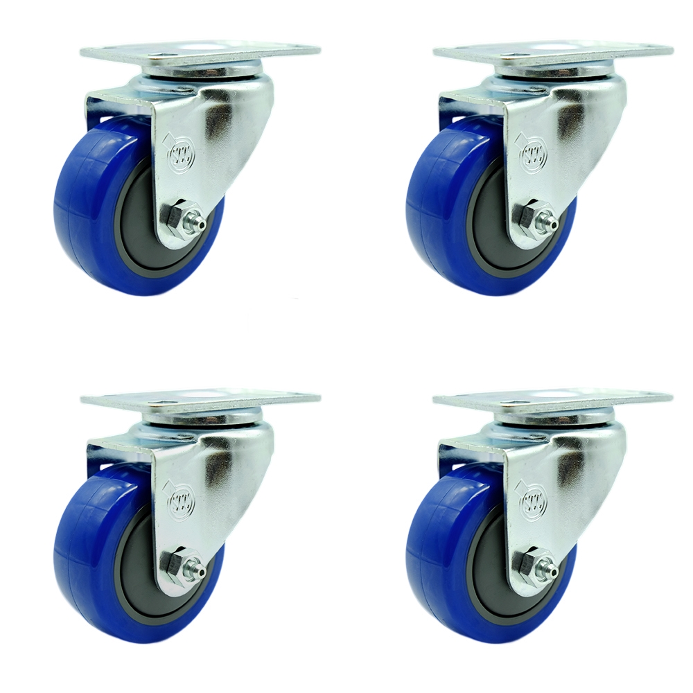 SCC-SS20S314-PPUB-BLUE-4 Stainless Steel Polyurethane Swivel Top Plate Caster with 3 x 1.25 in. Blue Wheels - Set of 4