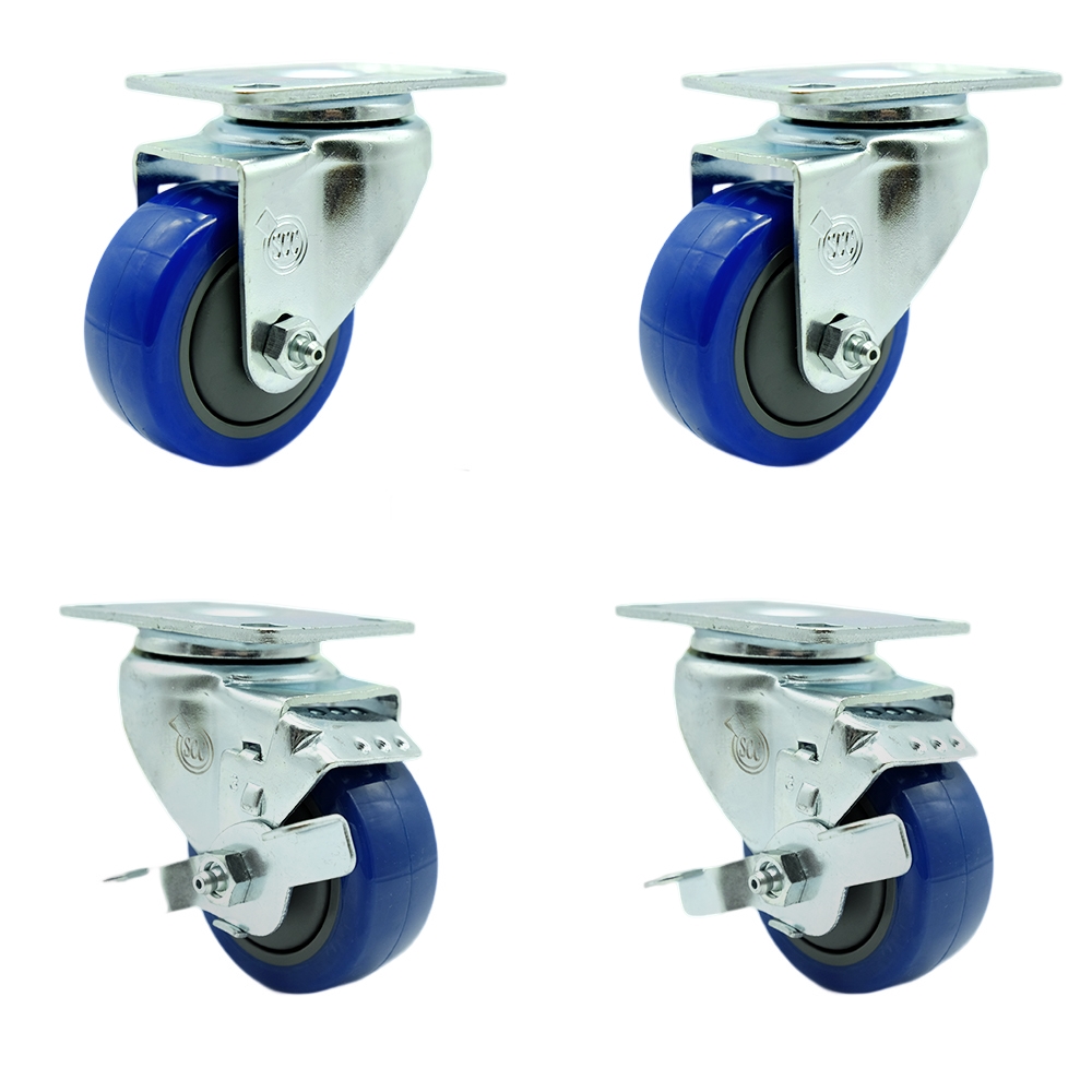 SCC-SS20S314-PPUB-BLUE-2-TLB-2 Stainless Steel Polyurethane Swivel Top Plate Caster with 3 x 1.25 in. Blue Wheels - Set of 4