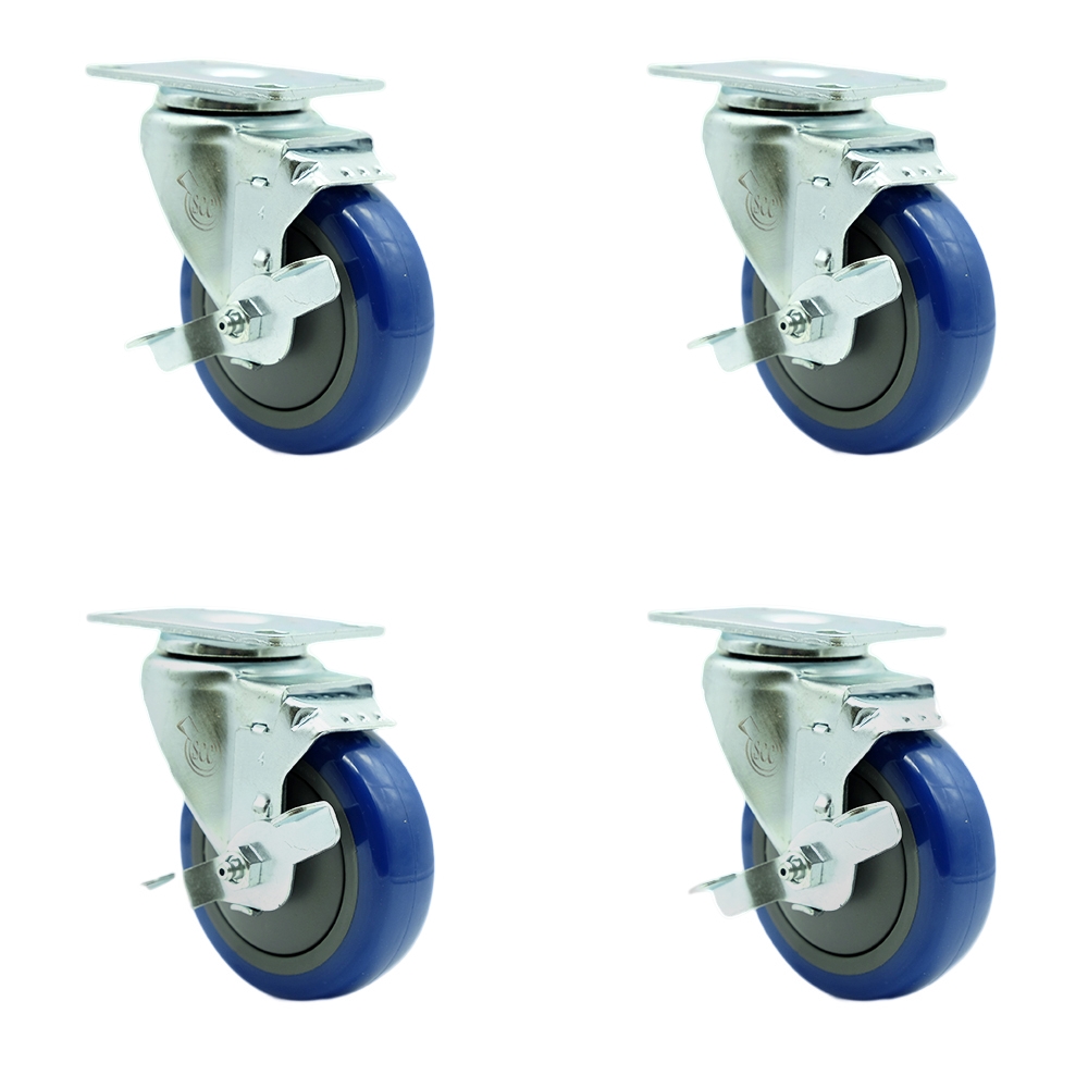 SCC-SS20S414-PPUB-BLUE-TLB-4 Stainless Steel Polyurethane Swivel Top Plate Caster with 4 x 1.25 in. Blue Wheels - Set of 4