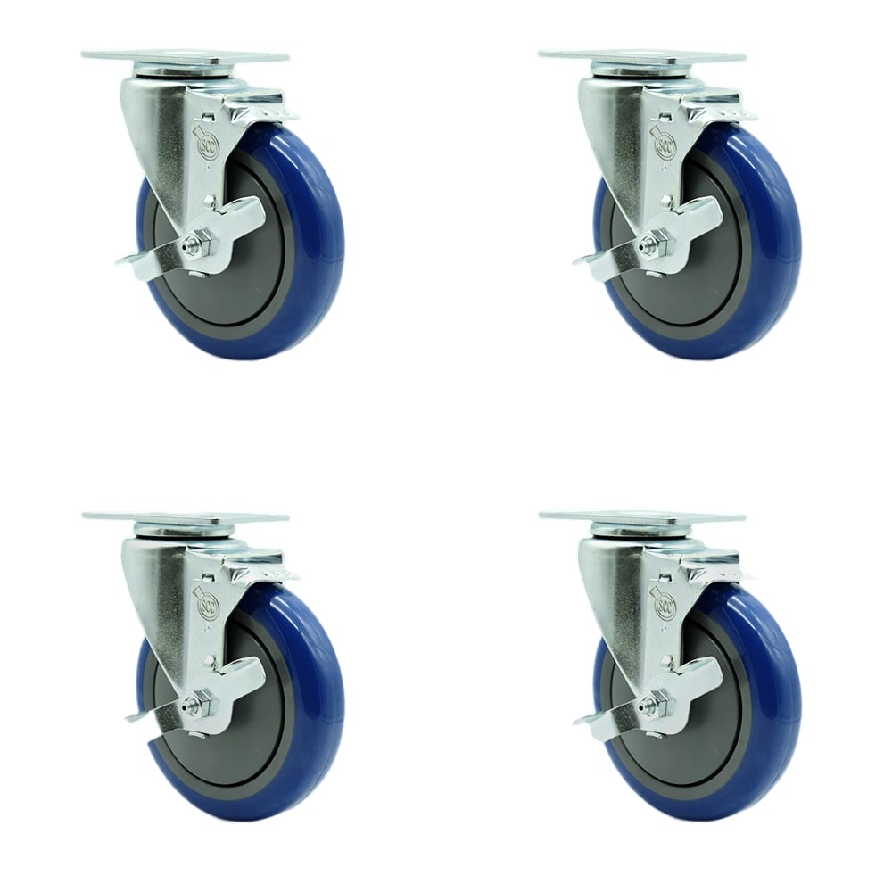 SCC-SS20S514-PPUB-BLUE-TLB-4 Stainless Steel Polyurethane Swivel Top Plate Caster with 5 x 1.25 in. Blue Wheels - Set of 4