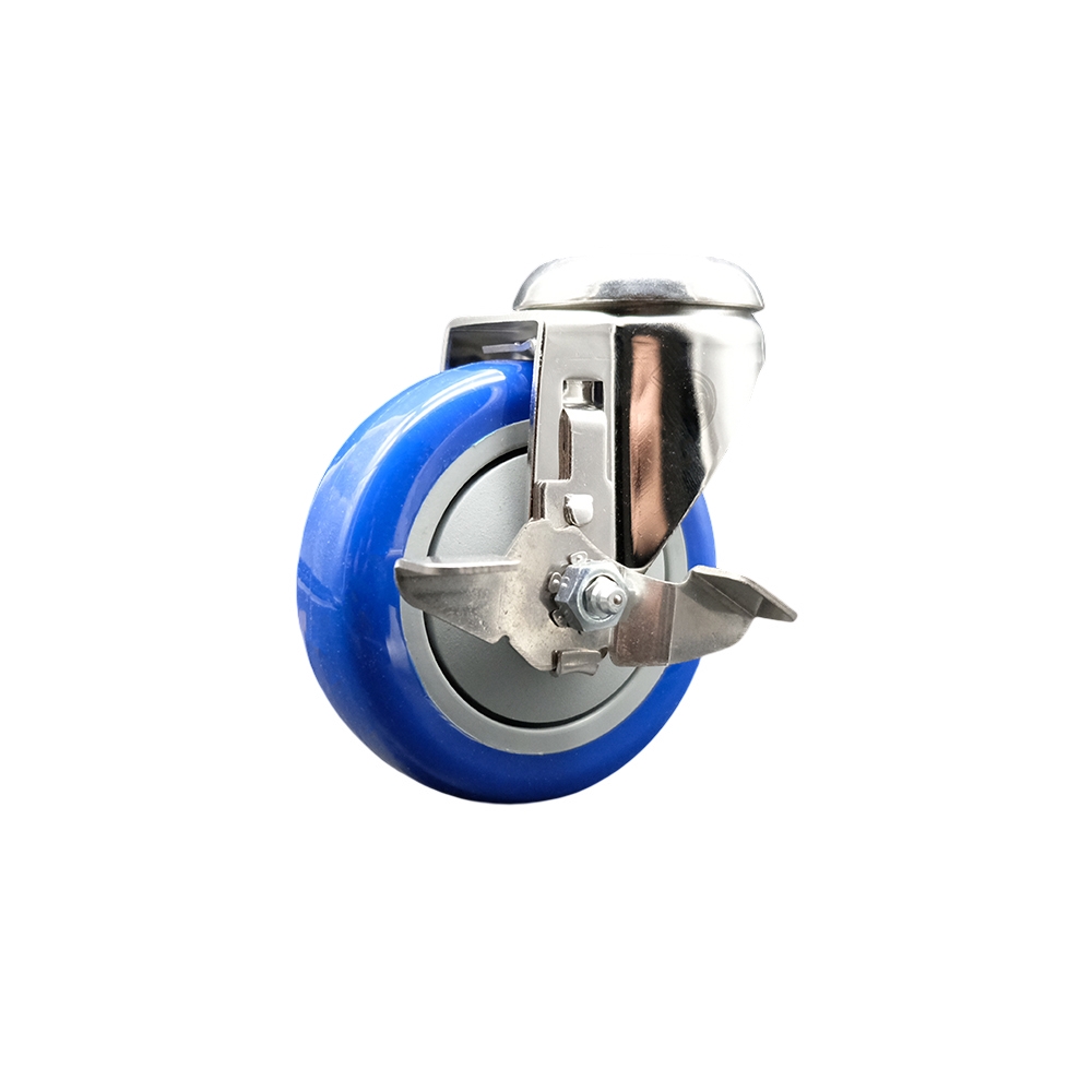 SCC-SS316BH20S414-PPUB-BLUE-TLB Polyurethane Swivel Bolt Hole Caster with 4 in. Blue Caster Wheel & Top Lock Brake - 316 Stainless Steel Caster
