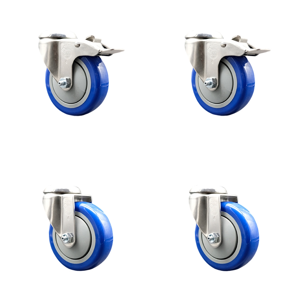 SCC-SS316BHTTL20S414-PPUB-BLUE-2-S-2 Polyurethane Swivel Bolt Hole Caster with 4 in. Blue Caster Wheels - 316 Stainless Steel Casters - Set of 4