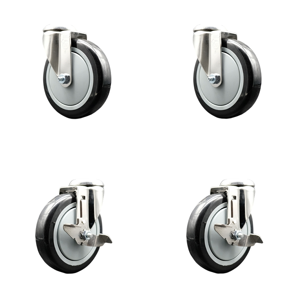 SCC-SS316BH20S514-PPUB-BLK-2-TLB-2 Polyurethane Swivel Bolt Hole Caster with 5 in. Black Caster Wheels 316 Stainless Steel Casters - Set of 4