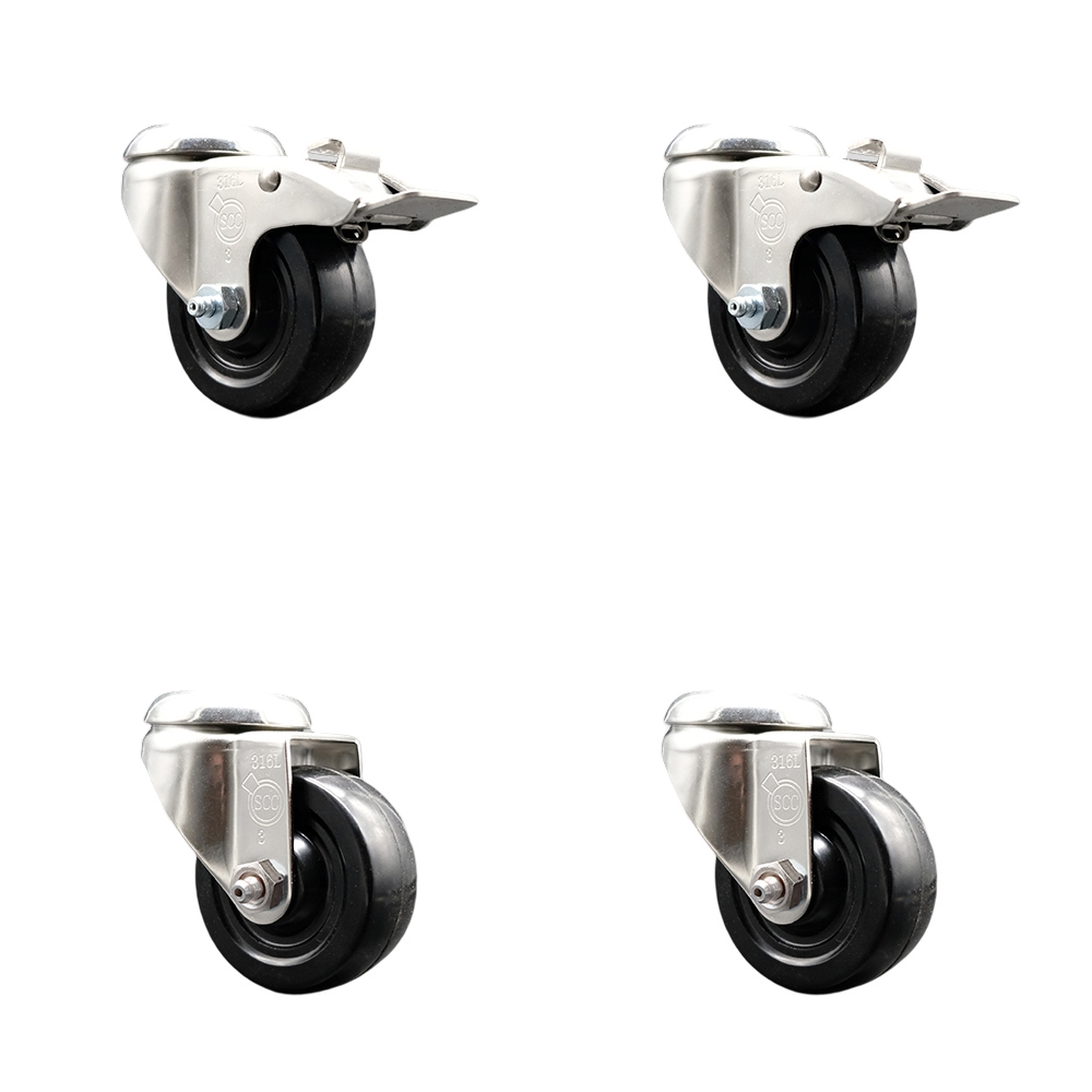 SCC-SS316BHTTL20S314-HRS-2-S-2 Hard Rubber Swivel Bolt Hole Caster with 3 in. Black Caster Wheels - 316 Stainless Steel Casters - Set of 4