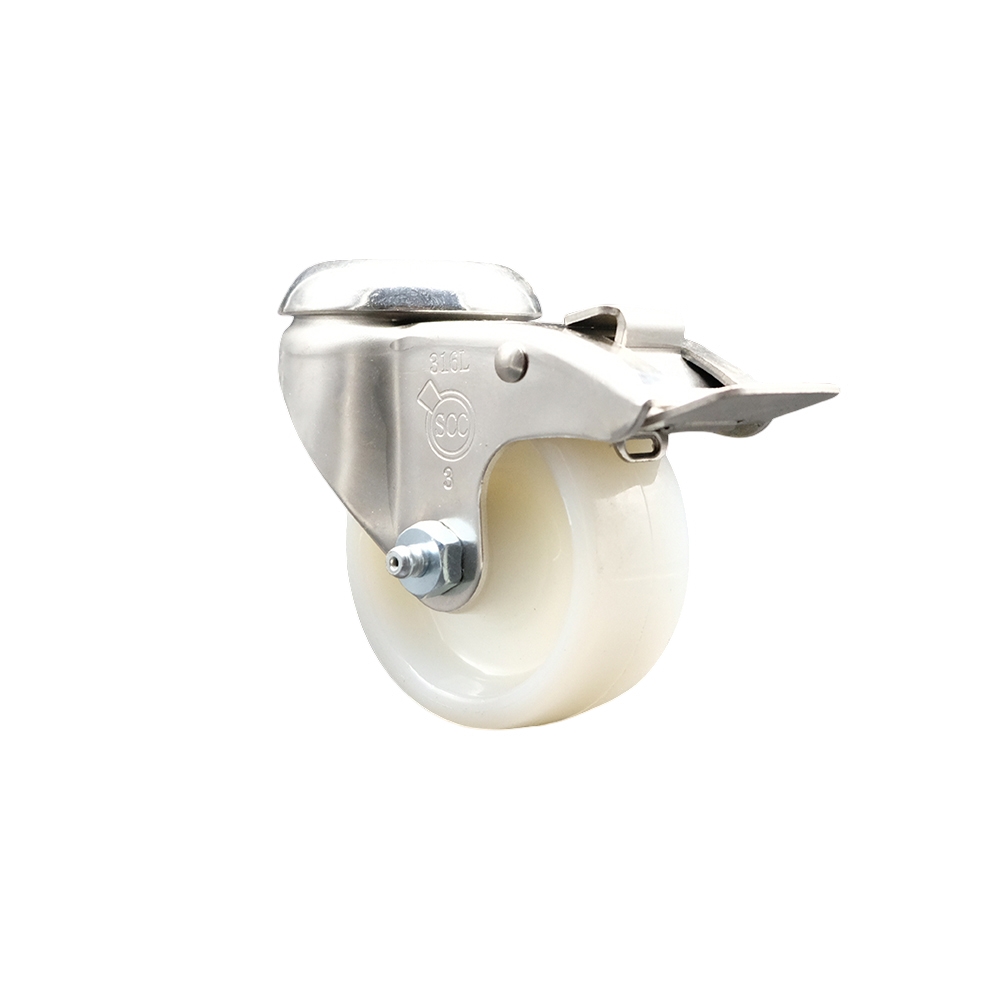 SCC-SS316BHTTL20S314-NYS Nylon Swivel Bolt Hole Caster with 3 in. White Caster Wheel & Total Lock Brake - 316 Stainless Steel Caster