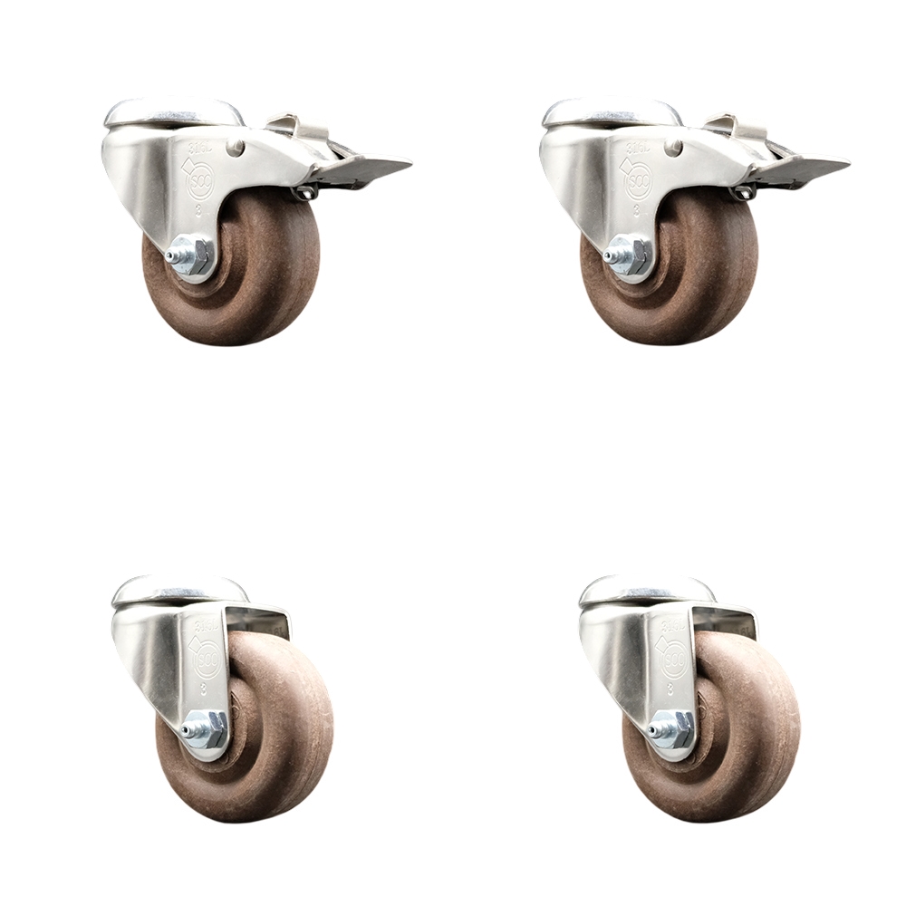SCC-SS316BHTTL20S314-GFNSHT-2-S-2 316 Stainless Steel High Temperature Glass Filled Nylon Swivel Bolt Hole Caster with 3 in. Brown Wheels - Set of 4