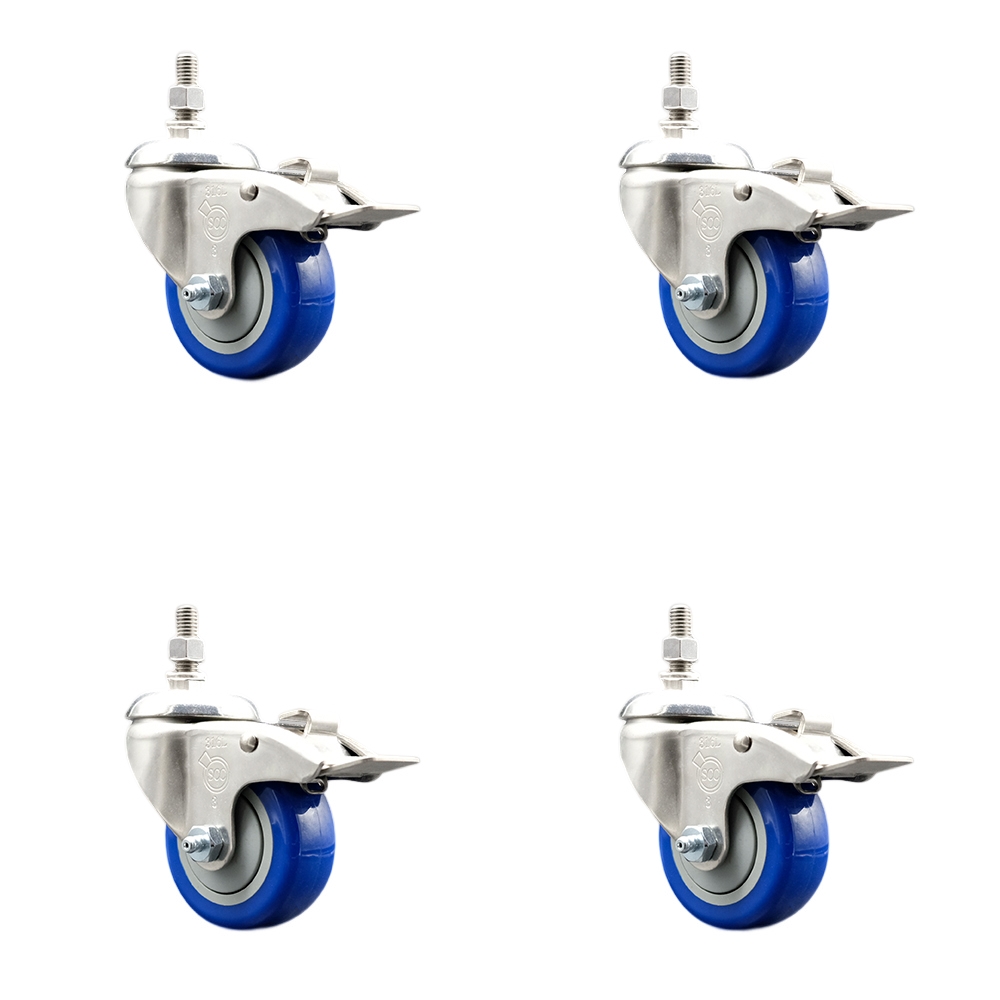 Polyurethane Swivel Stem Caster with 3 in. Blue Caster Wheels, 0.5 in. Threaded Stems - 316 Stainless Steel Casters - Set of 4