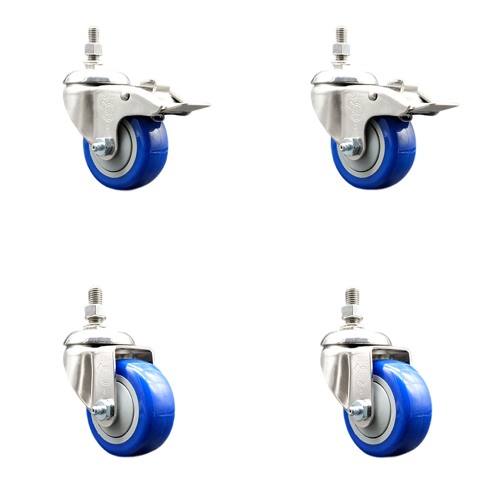 Poly Swivel Stem Caster with 3 in. Blue Caster Wheels, 0.5 in. Threaded Stems - 316 Stainless Steel Casters - Set of 4