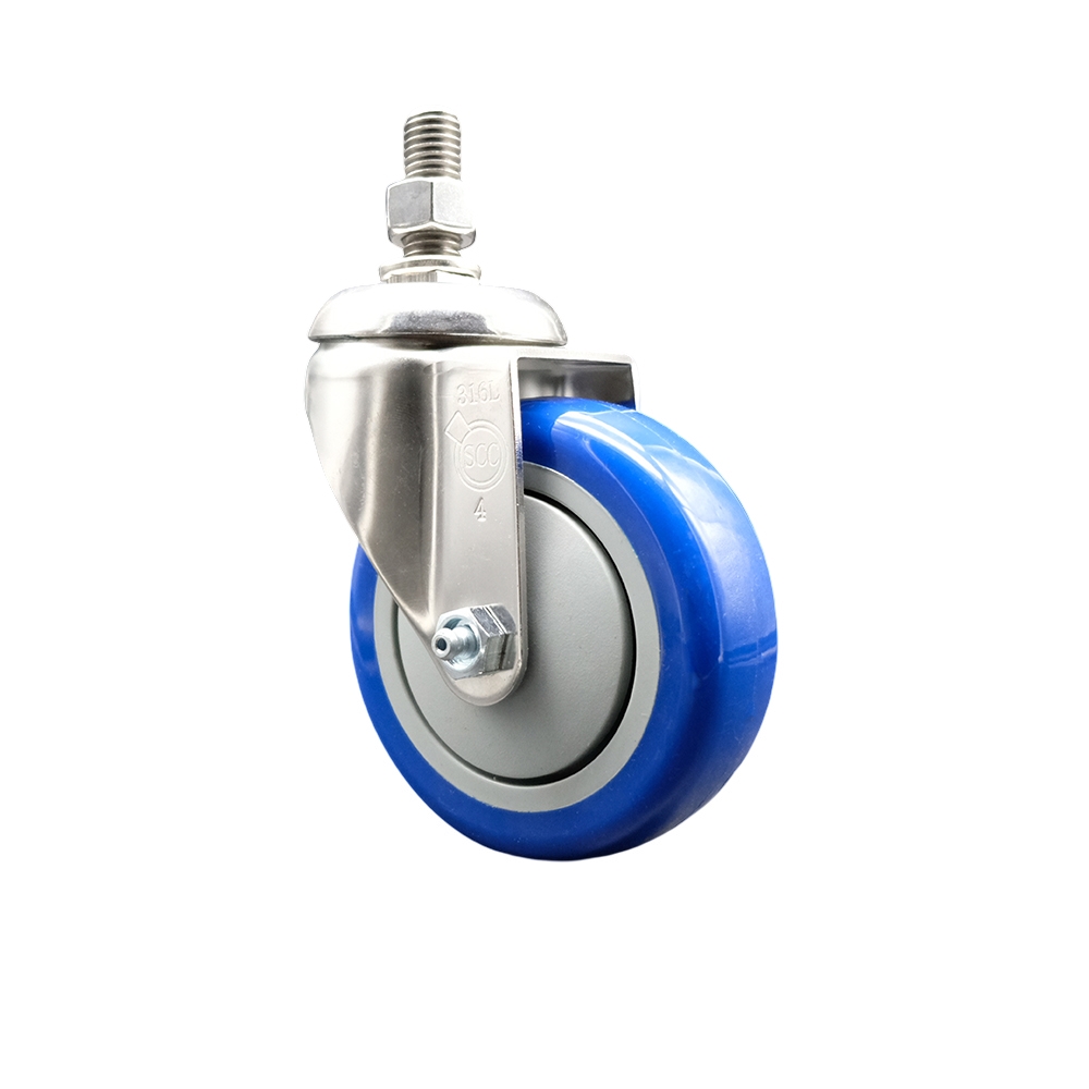 Polyurethane Swivel Stem Caster with 4 in. Blue Caster Wheels, 0.5 in. Threaded Stem - 316 Stainless Steel Caster