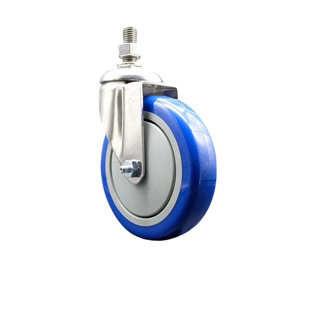 Polyurethane Swivel Stem Caster with 5 in. Blue Caster Wheels, 0.5 in. Threaded Stem - 316 Stainless Steel Caster