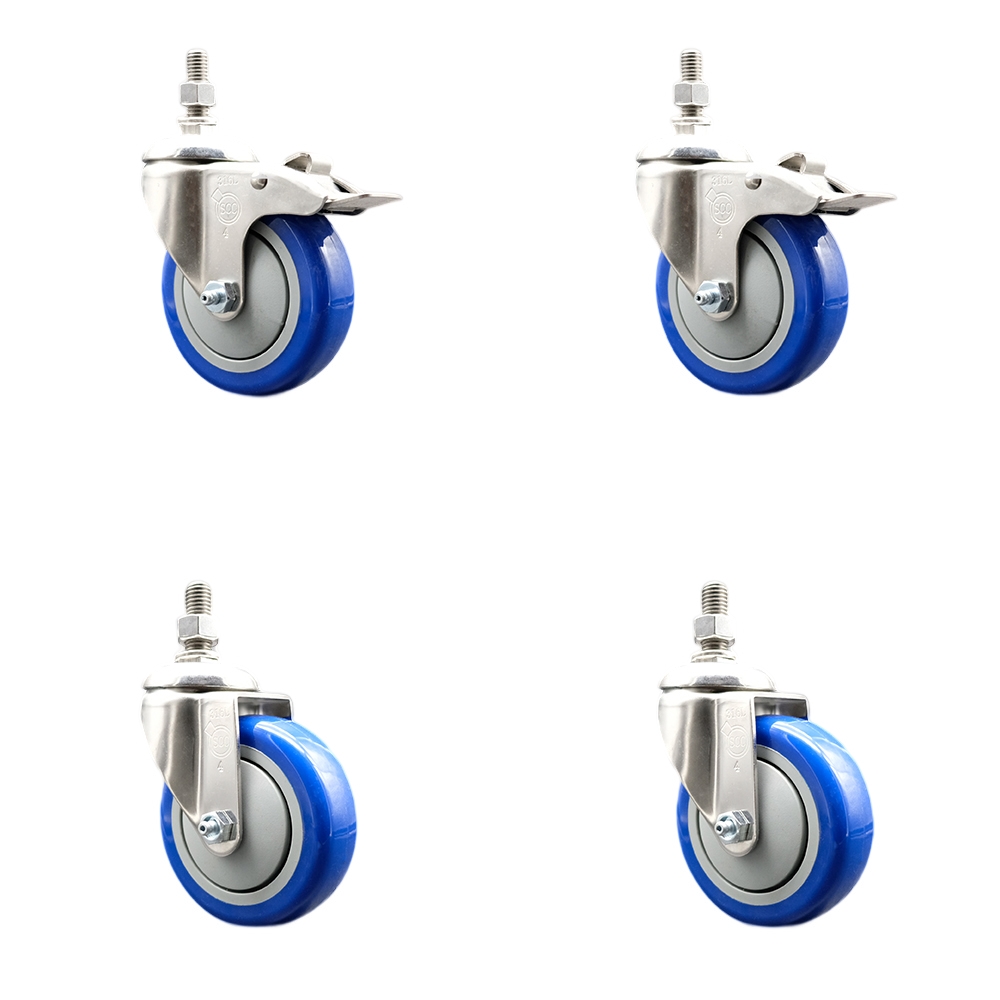 Poly Swivel Stem Caster with 4 in. Blue Caster Wheels, 0.38 in. Threaded Stems - 316 Stainless Steel Casters - Set of 4