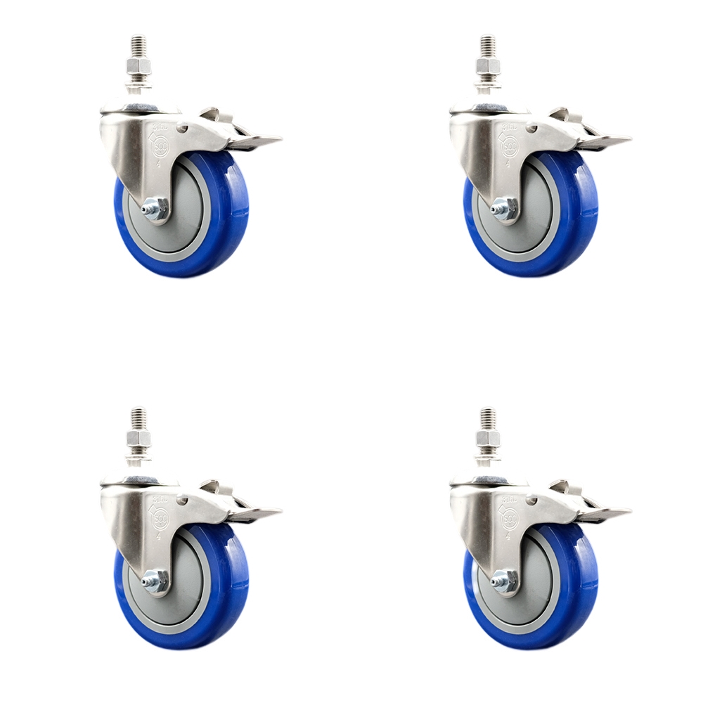 Polyurethane Swivel Stem Caster with 4 in. Blue Caster Wheels, 10 mm Threaded Stems - 316 Stainless Steel Casters - Set of 4