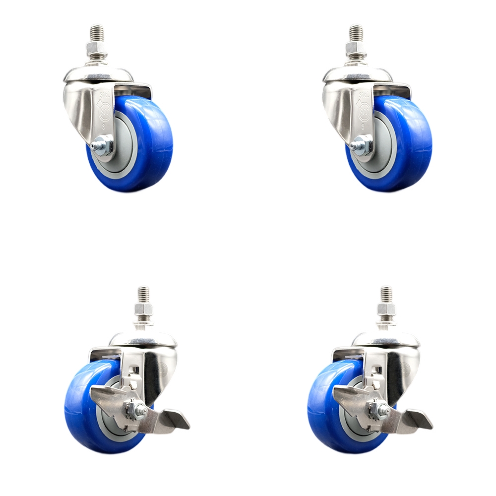 Poly Swivel Stem Caster with 3.5 in. Blue Caster Wheels, 12 mm Threaded Stems - 316 Stainless Steel Casters - Set of 4