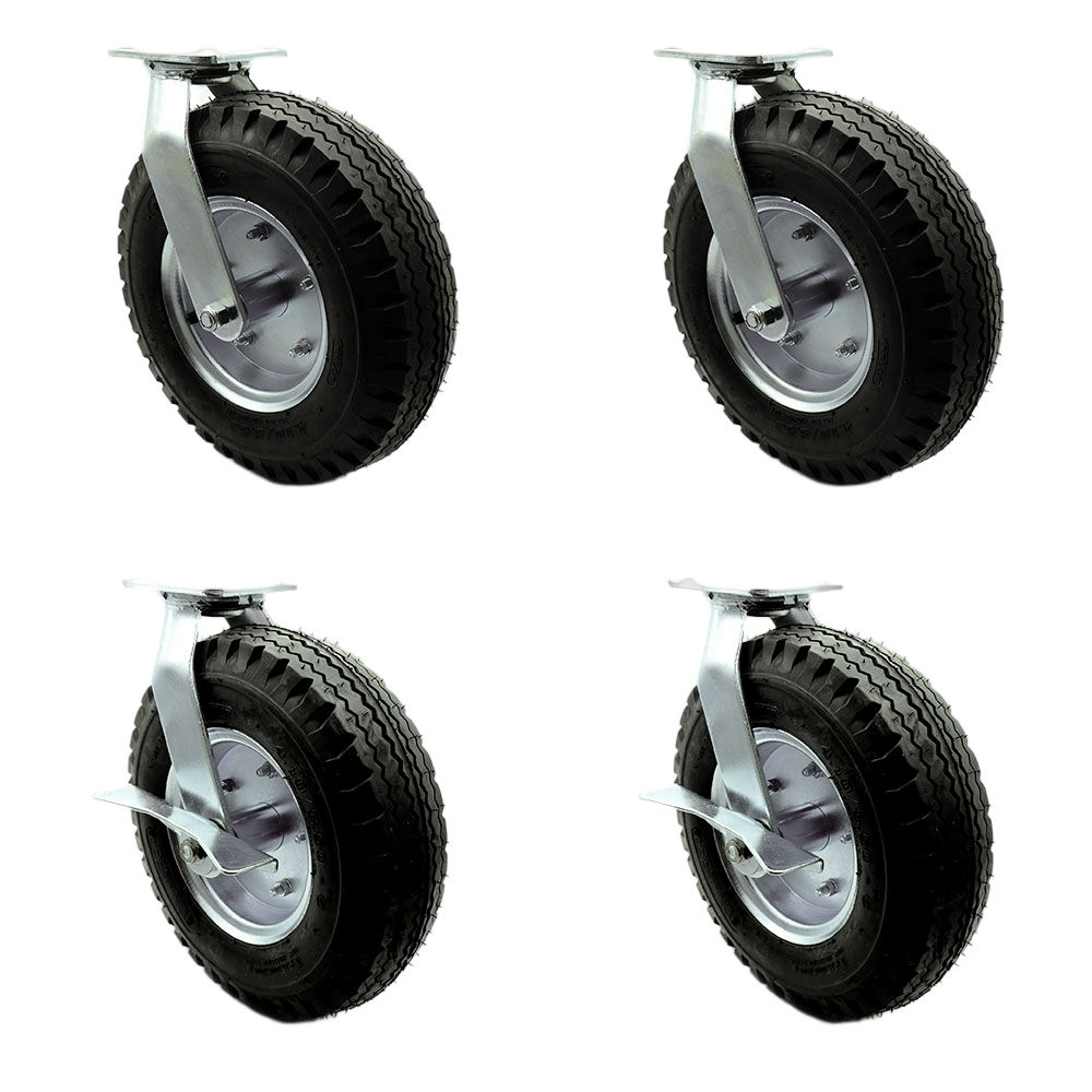 SCC-100S3506-PNB-2-SLB-2 12 in. Swivel Pneumatic Rubber Wheel Casters, Black - Set of 4