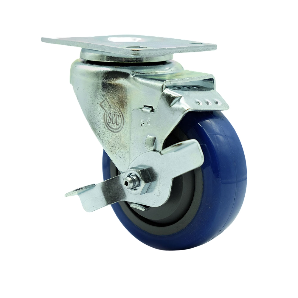 SCC-SS20S3514-PPUB-BLUE-TLB Stainless Steel Polyurethane Swivel Top Plate Swivel Caster with 3.5 x 1.25 in. Blue Wheel & Top Locking Brake