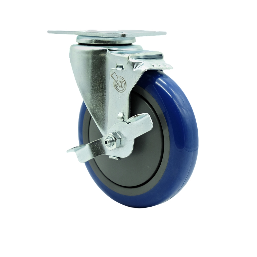 SCC-SS20S514-PPUB-BLUE-TLB Stainless Steel Polyurethane Swivel Top Plate Swivel Caster with 5 x 1.25 in. Blue Wheel & Top Locking Brake