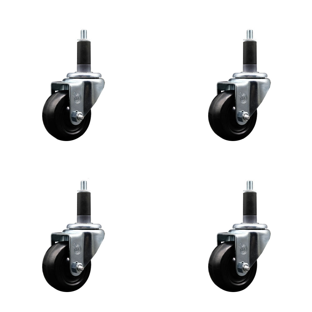 SCC-SSEX20S314-HRS-118-4 Stainless Steel Hard Rubber Swivel Expanding Stem Caster with 3 x 1.25 in. Black Wheels & 1.13 in. Stems - Set of 4