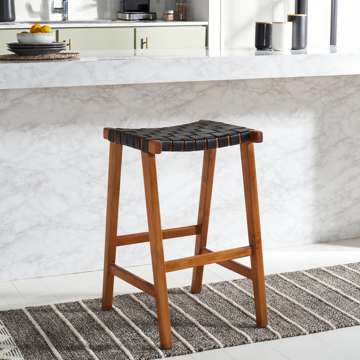 Picture of Safavieh BST1012E 20 x 18.5 x 30 in. Abreu Rectangle Barstool with Black Leather & Natural Wood