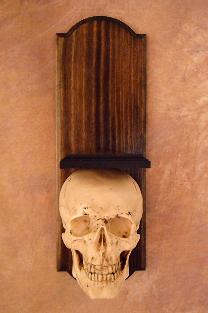 Wall Scone, Skull at Bottom of Wood Frame, No Candle