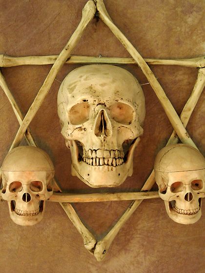 Wall Sconce, One Life-Size & Two 3 in. Skulls in Hexagram Bone Frame, No Candles