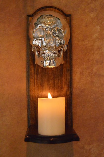 SCON-800CHR Wall Sconce, Chromed Skull at Top of Wood Frame with 4 in. White Flameless Candle