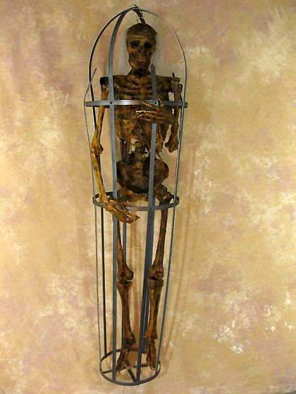 Life-Size Iron Skeleton Cage with Corpsed Life-Size Skeleton, 5 ft. 9 in. Tall
