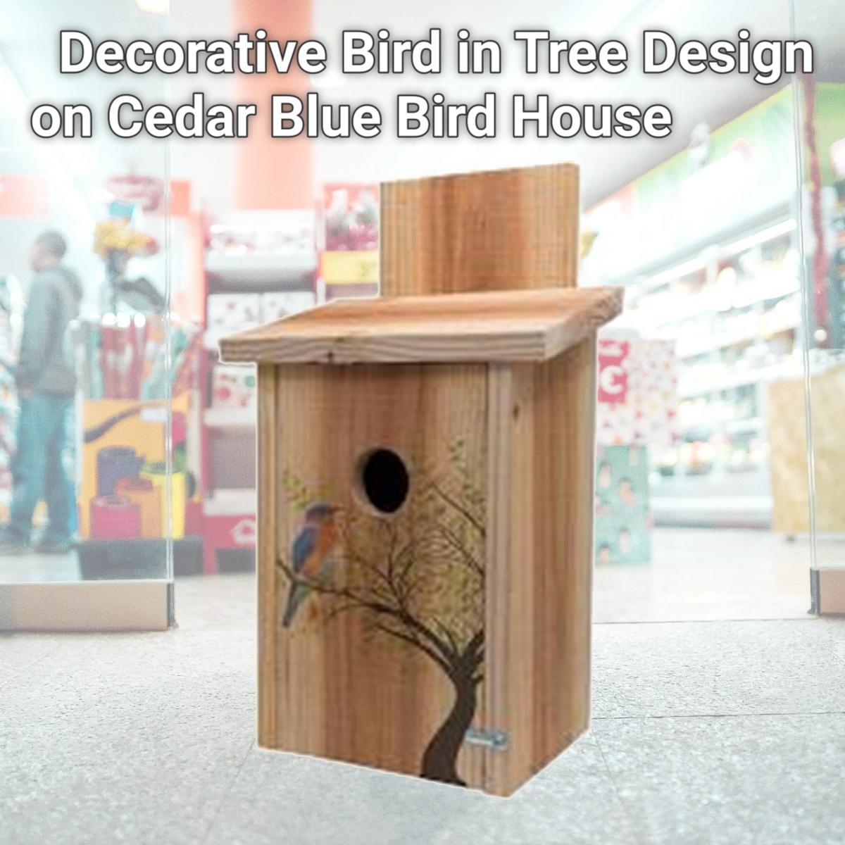 Picture of S&K BBHC-1 Decorative Bird in Tree Design on Cedar Blue Bird House