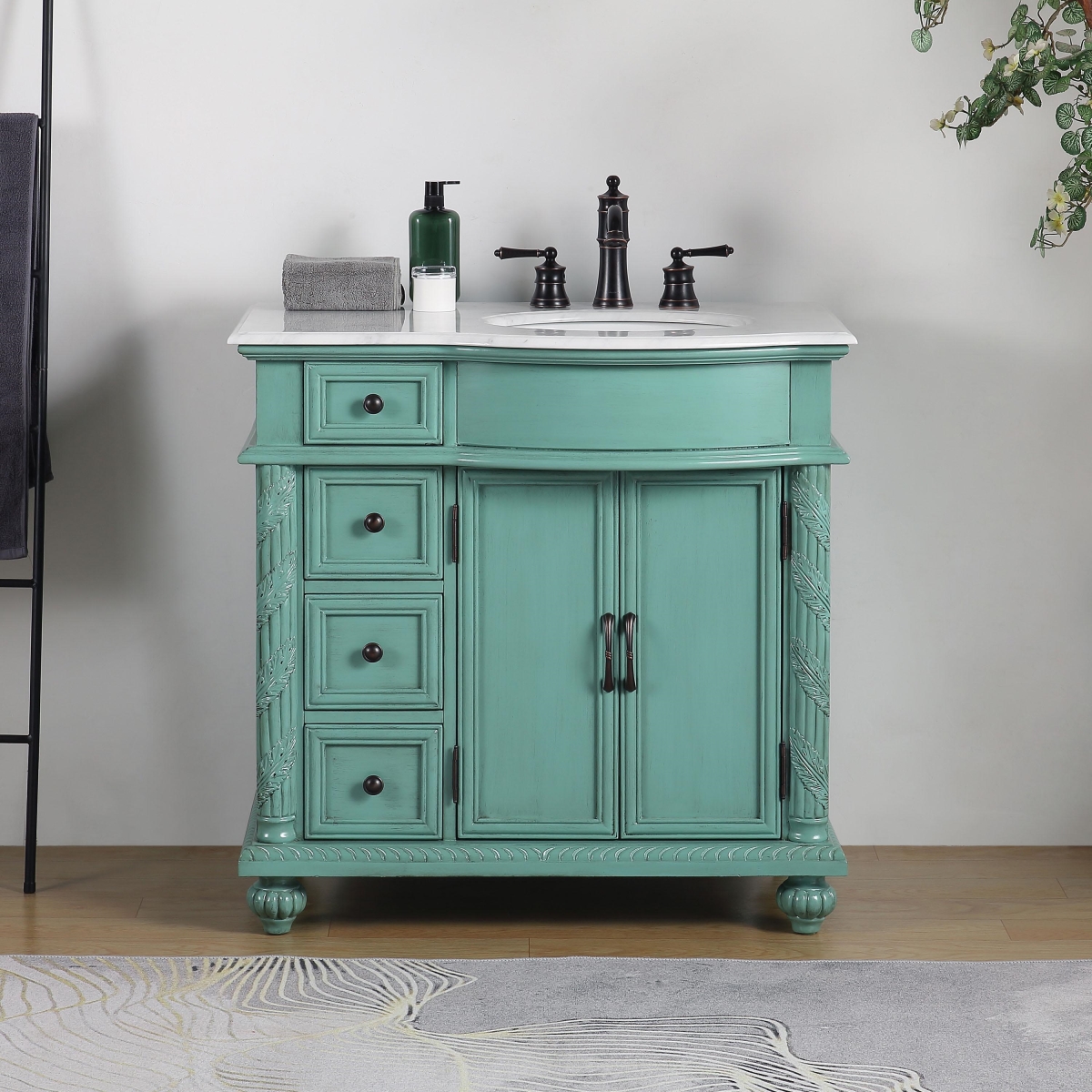 36 in. Carrara White Marble Top Single Sink Bathroom Vanity