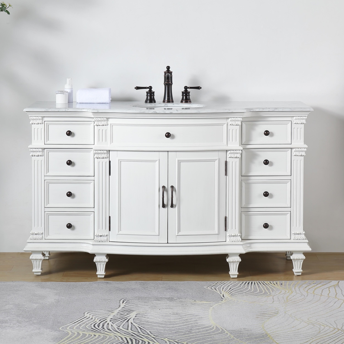 V0277WW60C 60 in. Carrara White Marble Top Single Sink Bathroom Vanity