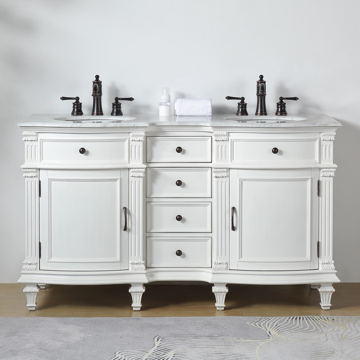Carrara Marble Double Sink Vanity - Antique White - 60 in. - Traditional Style