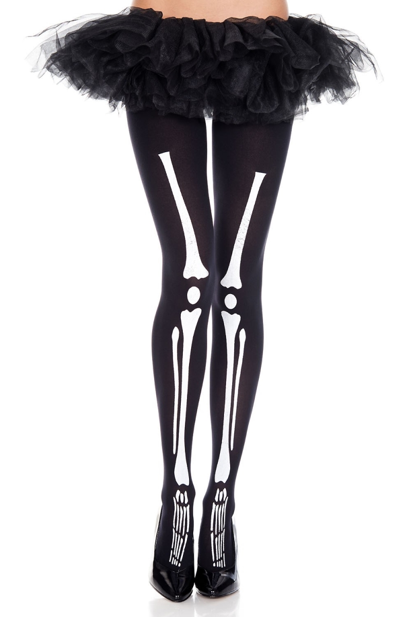 37299-BLACK-WHITE Skeleton Print Tights, Black & White
