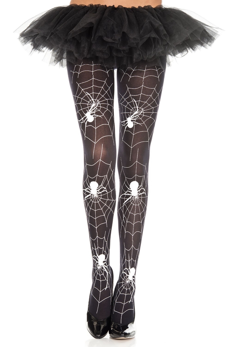 37022 Spider & Web Print Pantyhose - Black & White - One Size - Unique Design