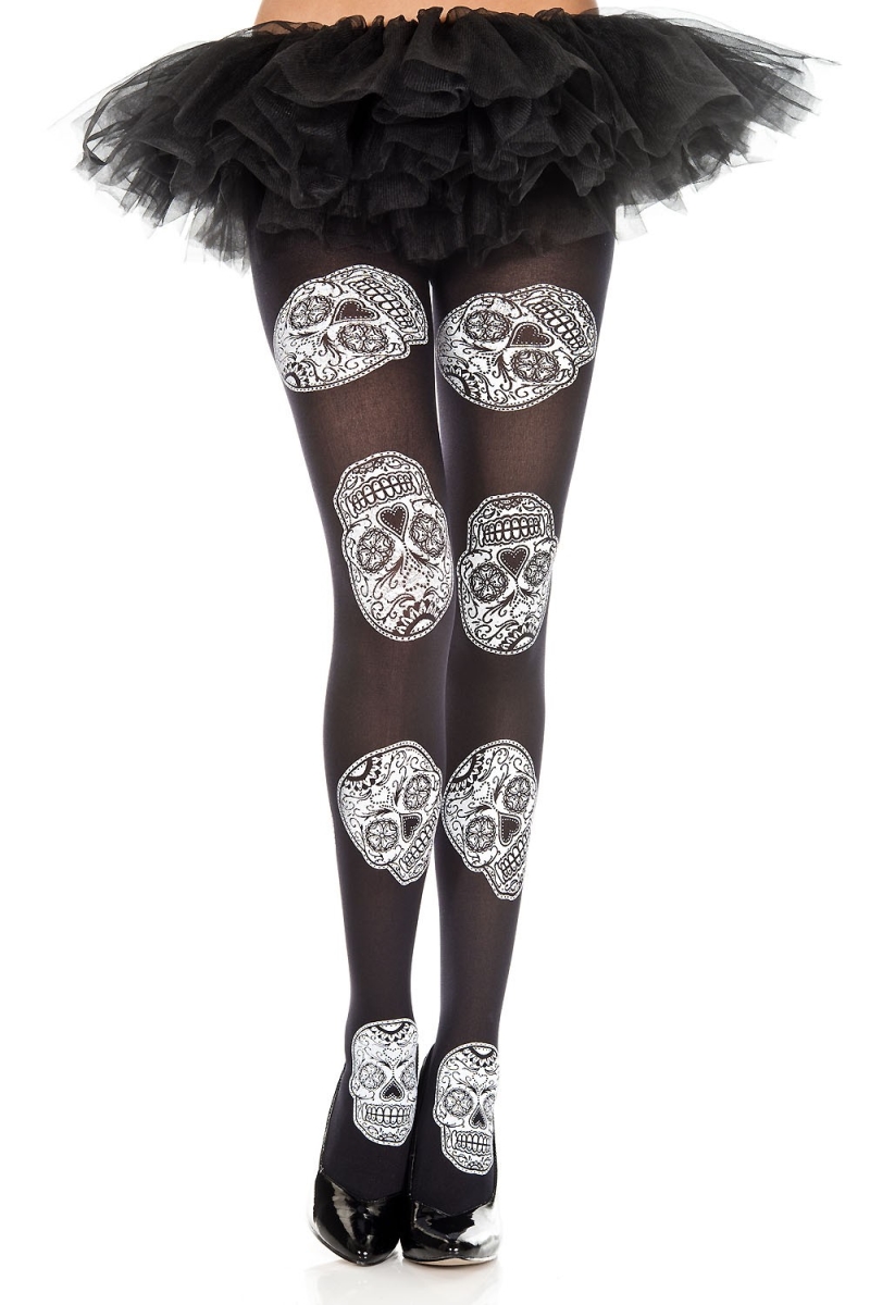 37322-BLACK-WHITE Sugar Skull Print Tights, Black & White