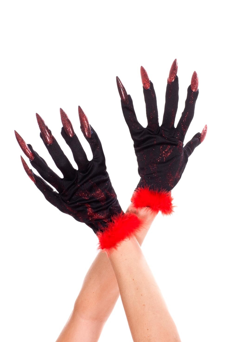 455-Black-Red Devil Gloves with Nails, Black & Red