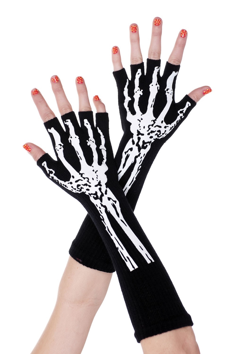 453-BLACK-WHITE Short Print Skeleton Gloves, Black & White