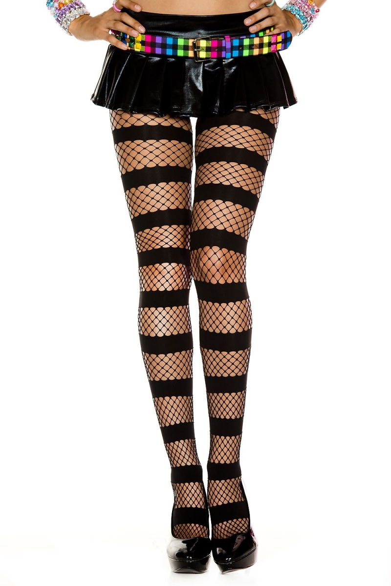 50061-BLACK Horizontal Stripe Fishnet Pantyhose, Black