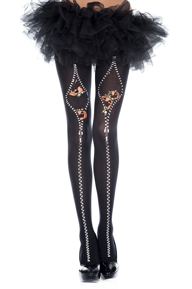 37343-AS SHOWN Pumpkin & Flocked Zipper Print Tights