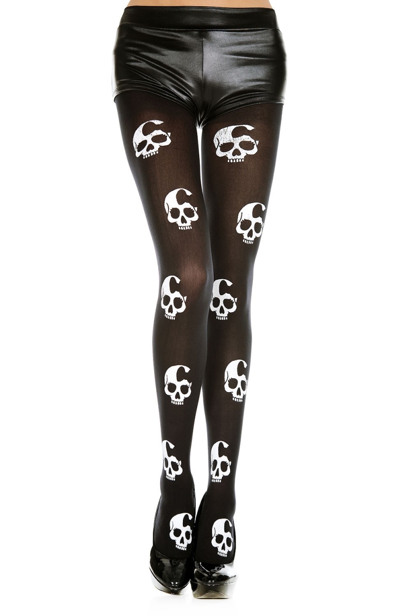 37349-BLACK-WHITE Skull Print Tights, Black & White
